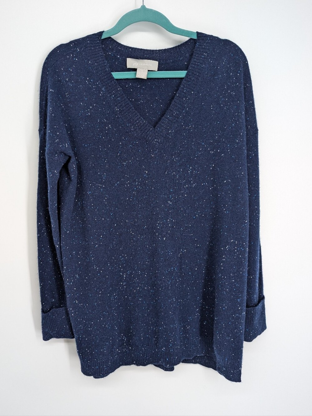 ply cashmere V-Neck Pullover Sweater Blue Speckled 100% Cashmere Medium